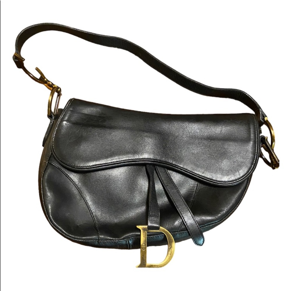 Black Leather Saddlebag with Monogram Hardware